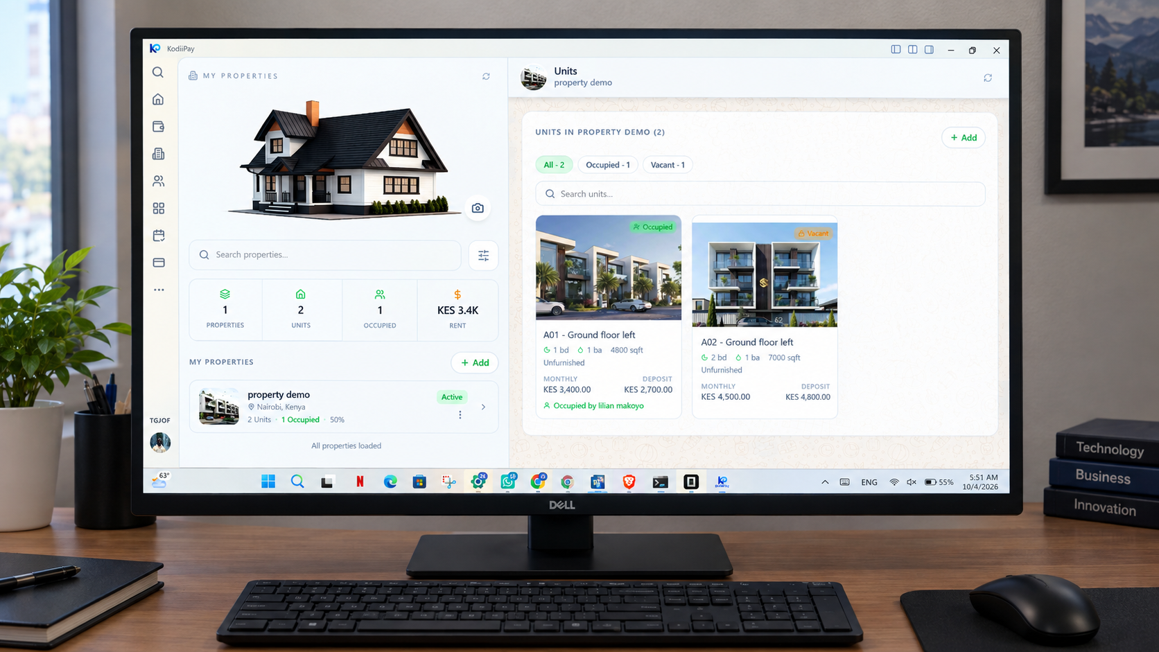 The KodiiPay units screen on Windows, showing the units belonging to a selected property with the option to add more units to it.